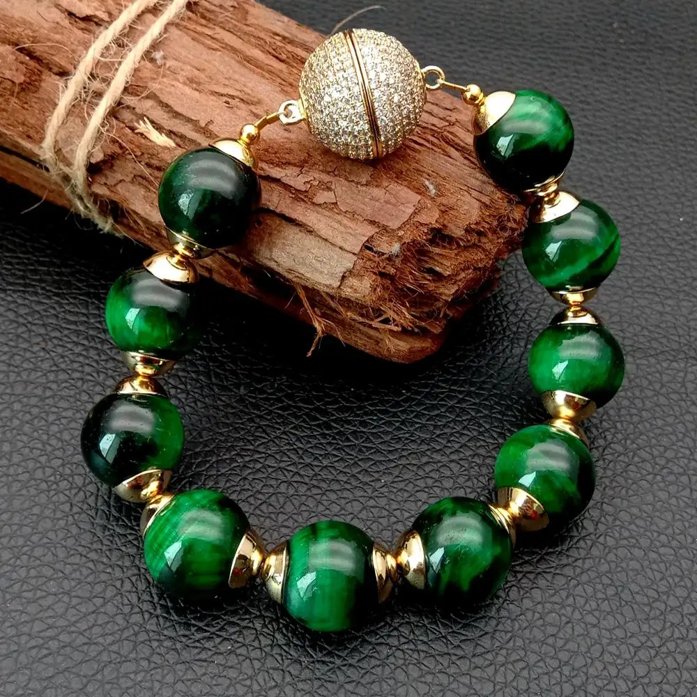 8 дюймов 14 мм круглый зеленый тигровый глаз эффектный браслет-позолоченный