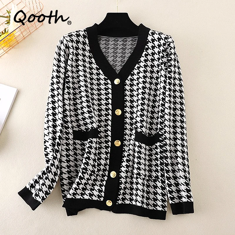 

Женский свитер Qooth, вязаные кардиганы из твида для женщин, вязаные свитера с длинным рукавом на осень и зиму, свободный джемпер QT1178