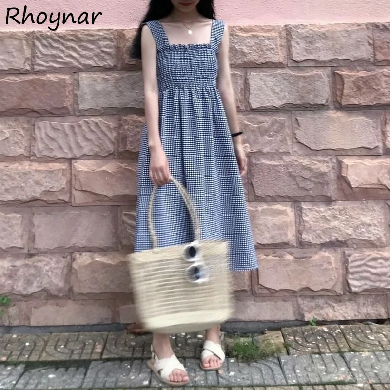 

Dress Women Sleeveless Trendy Backless Fashion Mid-Calf All-match Plaid Summer Ladies Vestidos Sweet Girls Preppy Style Retro