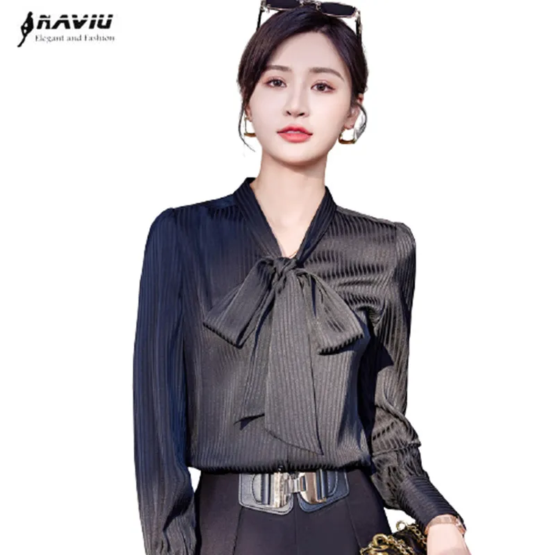 

Black Stripes Shirt Women 2022 New Spring Fashion Elegant Formal Bow Tie Long Sleeve Chiffon Blouses Office Ladies Work Wear