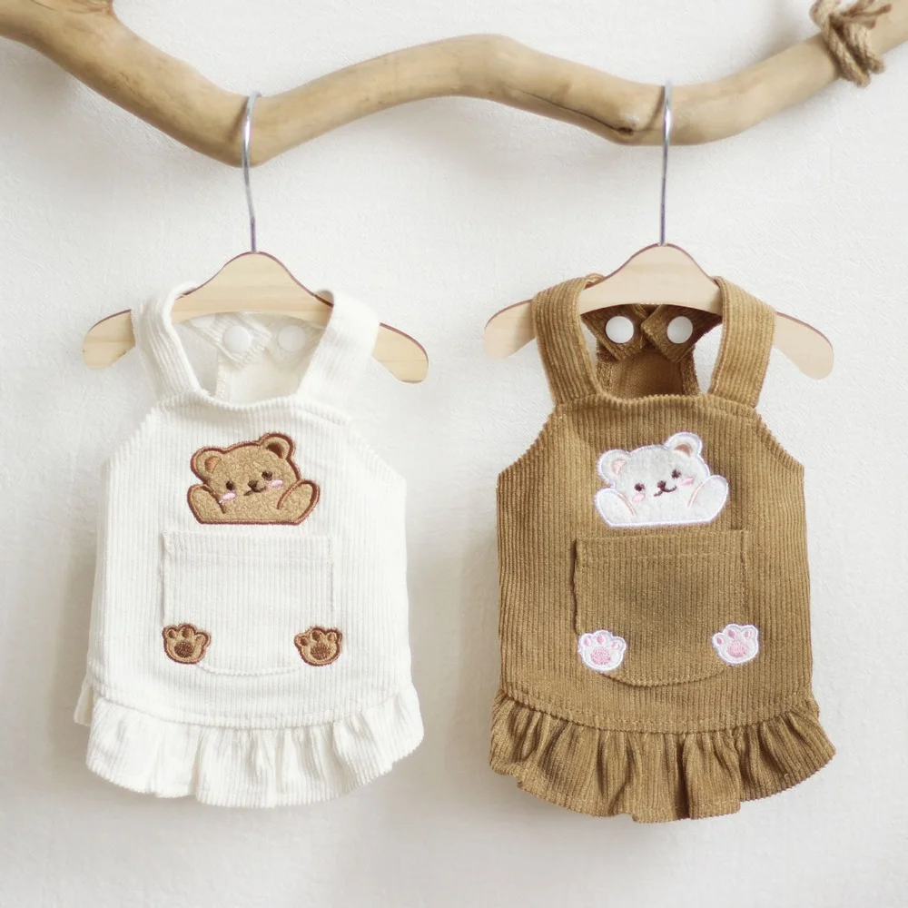 

Bear Suspenders Skirt Pet Cats and Dogs Clothes Autumn and Winter Flying Sleeves Base Corduroy Cute Princess Skirt Pets Clothes