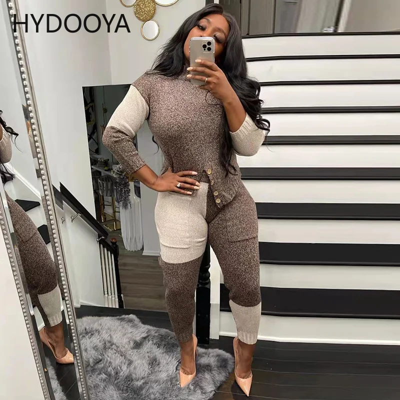 

Spring Winter Color Block Two Piece Set Women Long Sleeve Buttons Up Knitted Sweater Top and Stretchy Hight Waist Trousers Suits