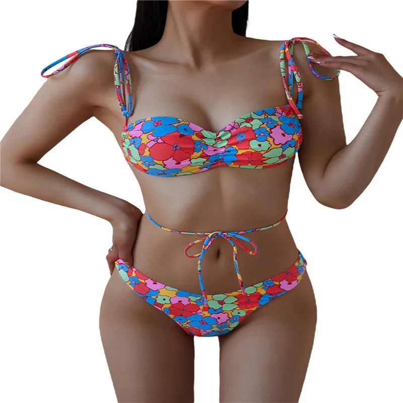 

Женский комплект бикини с цветочным принтом, Раздельный купальный костюм из 2 предметов, топы бикини на бретелях-спагетти и трусики с низкой...