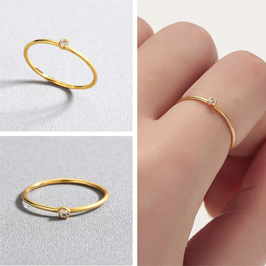 Кольцо женское минималистичное тонкое золотистое с кристаллом | Украшения и