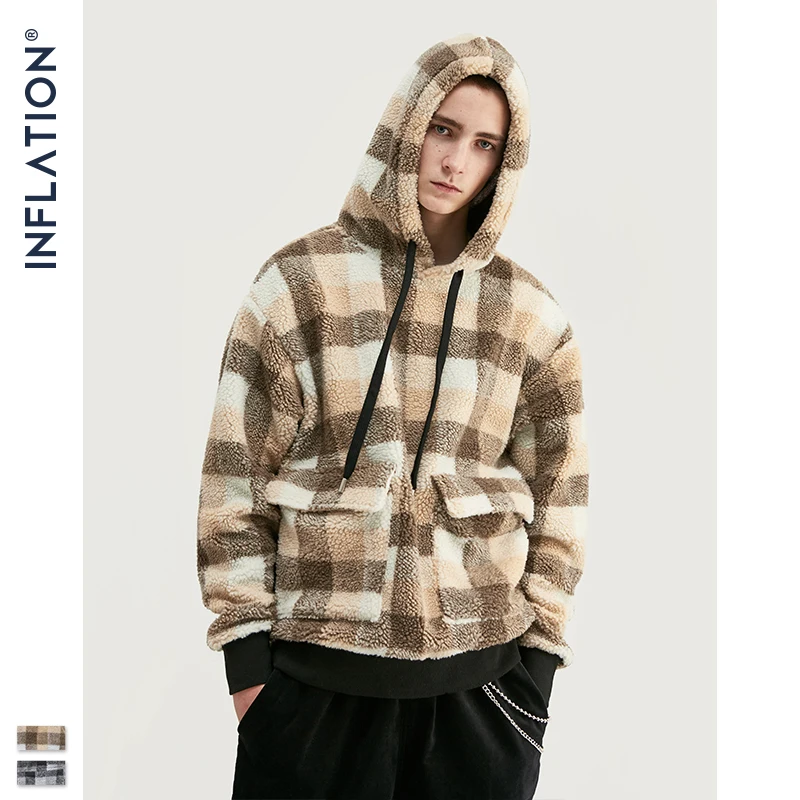 INFLATION Plaid Polar Fleece Hoodie Men Streetwear 2020 Winter Thick Warm Hoodie Men High Street Hip Hop Oversized Hoodie 9660W