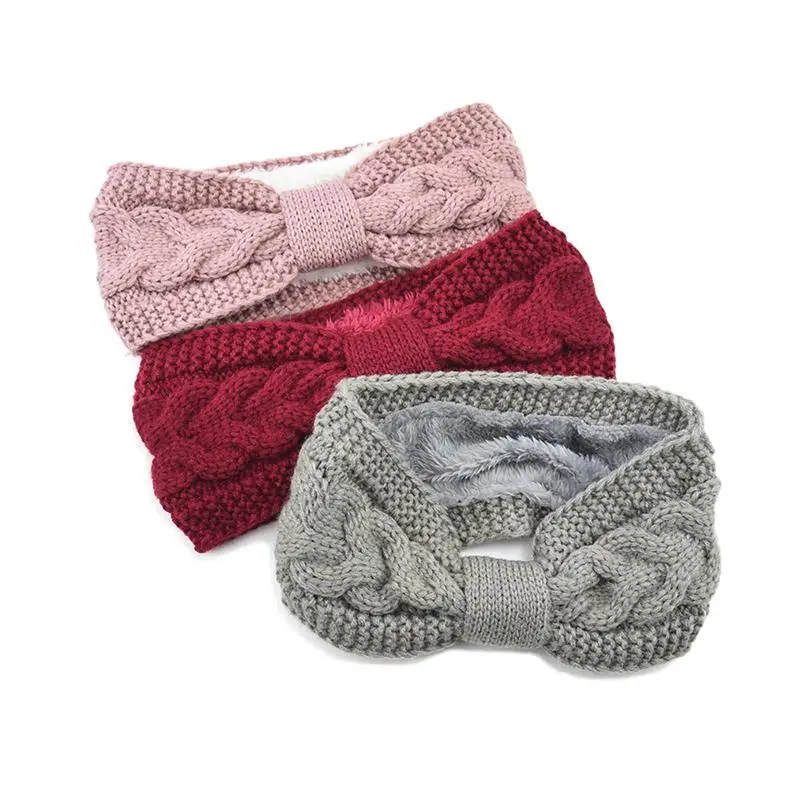 Elegant Warm Knitted Headband For Women Furry Fleece Lined Wide Headwrap Elastic Warmer Ear Crochet Bow Turban Hair Accessories