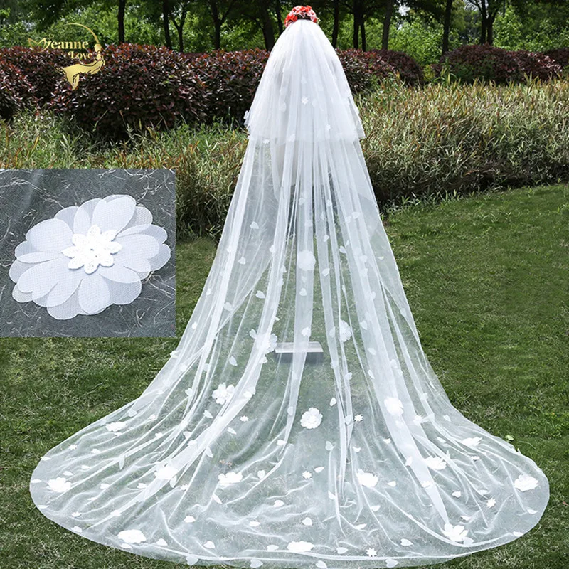 

Voile Mariage 3 Meter Long Elegant Wedding Bridal Veils White Handmade Flowers Two Layers Tulle Cathedral Wedding Veil With Comb