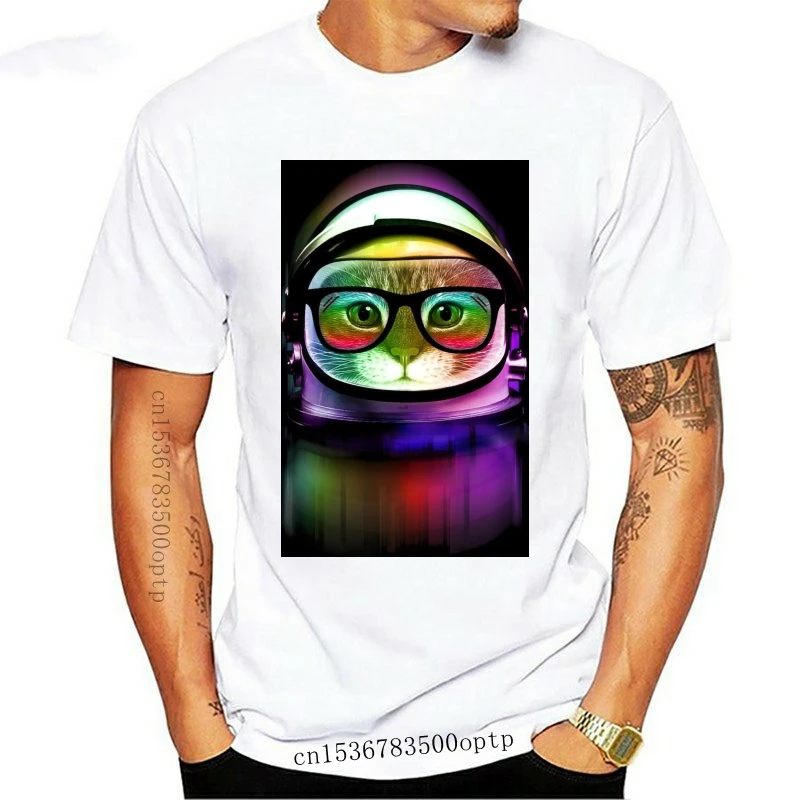 

Новинка 2021, неоновая красочная Мужская черная футболка с изображением первого кота в космосе, астронавта, животного, для студентов, верх, хл...
