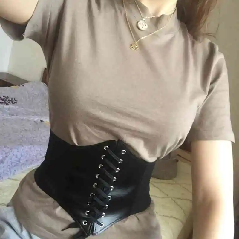 

2021 Corset Wide Pu Leather Belt Cummerbunds Strap Belts for Women Elastic Tight High Waist Slimming Body Shaping Girdle Belt