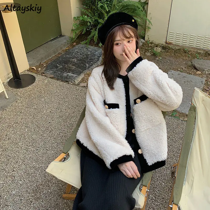 

New Winter Parkas Women Patchwork O-neck Single Breasted Loose Elegant Ladies Lambswool Soft Warm Coats Korean Style Chic Trendy