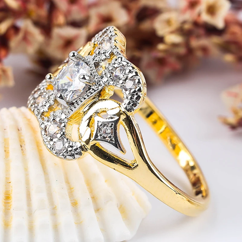 Роскошное позолоченное обручальное кольцо с белым CZ камнем кольца для женщин