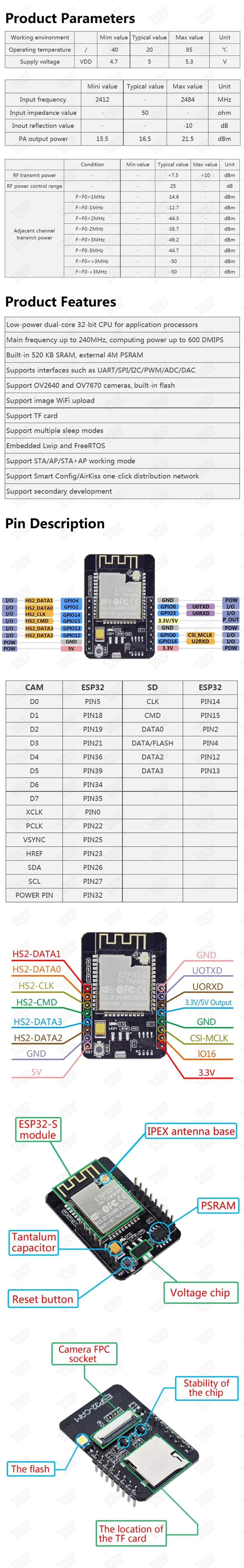 ESP32-CAM WiFi+ модуль Bluetooth модуль камеры макетная плата ESP32 с модулем камеры OV2640 2MP для Arduino