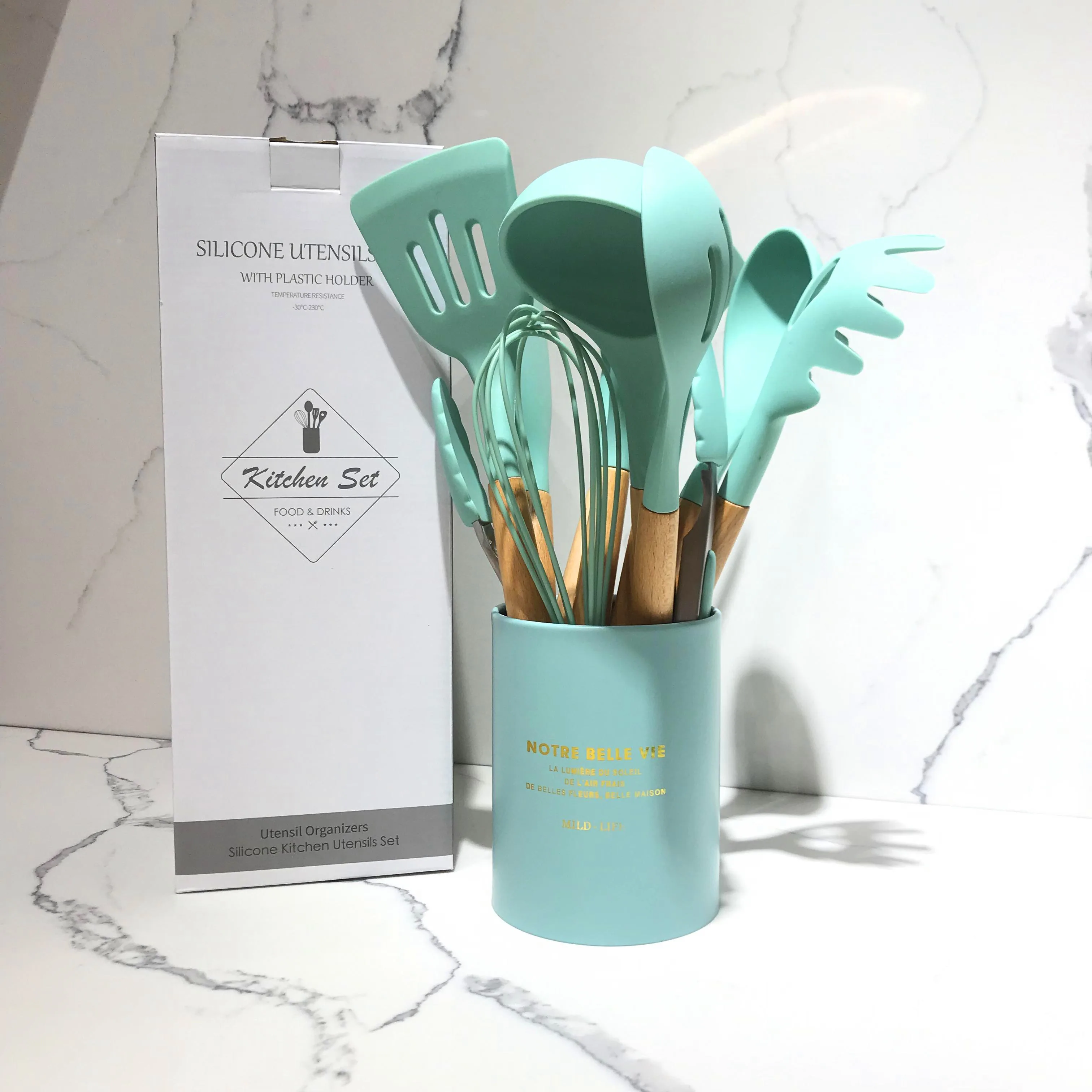 12-PCS kitchen set 12-шт темно-зеленый силикон+ деревянная кухонная утварь с металлическим держателем Storge Box Инструменты для приготовления пищи лопатка кухонный набор приборы - Цвет: 12-PCS kitchen set