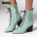 Новые женские ботильоны в стиле панк ботинки на шнуровке с острым носком на высоком каблуке черного и синего цвета 7,5 см ботинки на молнии сбоку u230