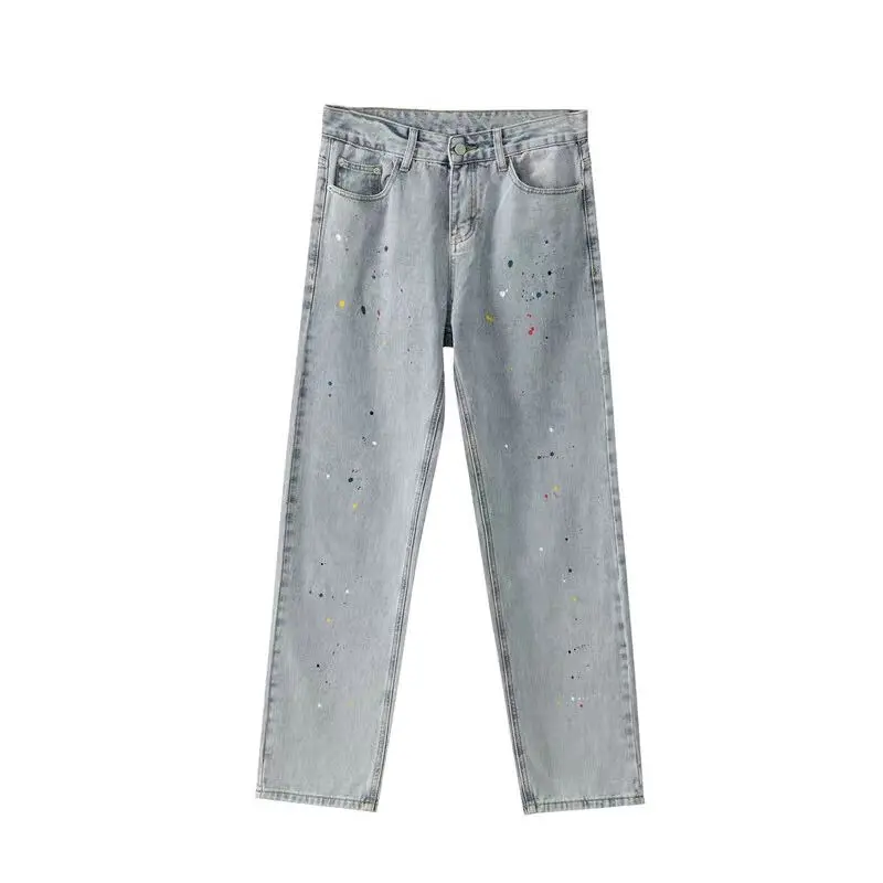 

Loose Korean versatile pants Men's blue ink splashing Casual jeans