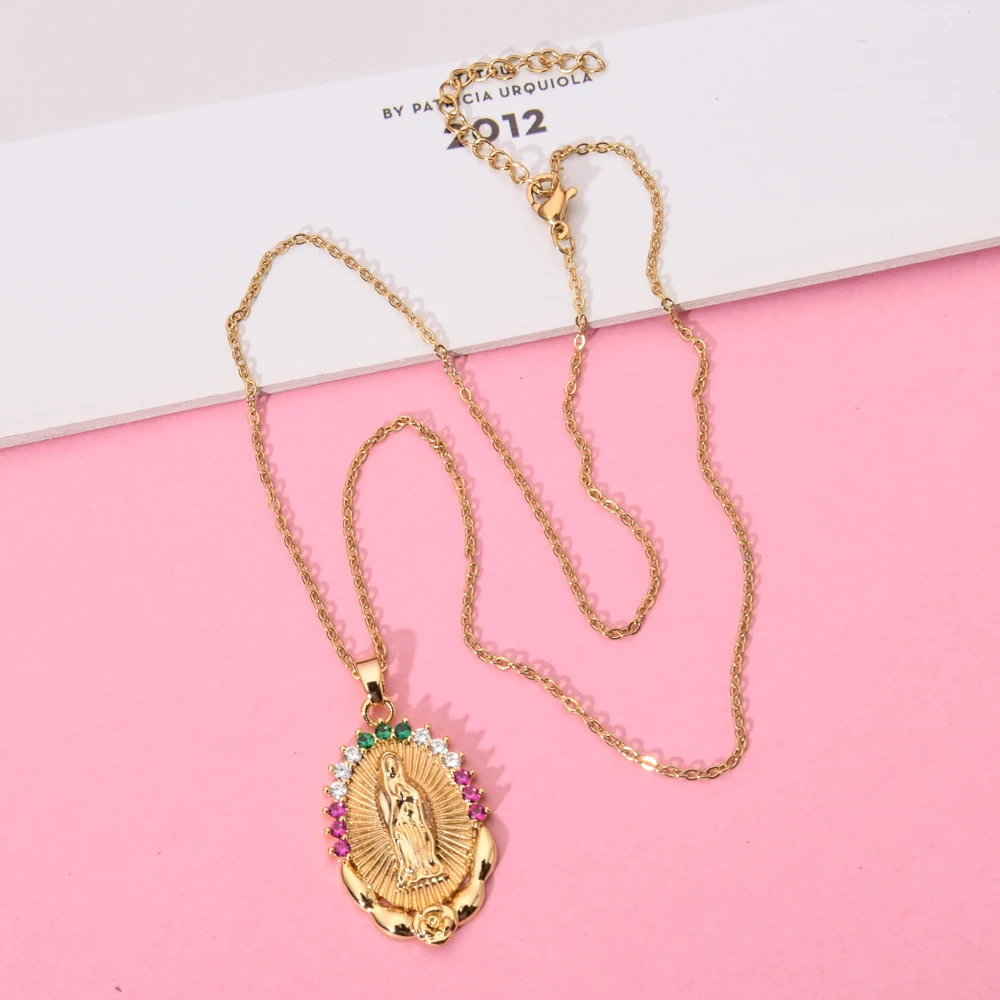 Женские ожерелья с кулоном Дева Мэри золотистого цвета стразы из нержавеющей