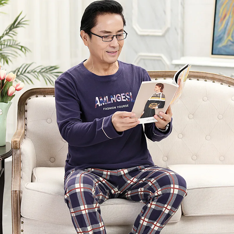

Pajamas Middle-Aged And Elderly Cotton Dad Sleepwear Men Spring Autumn Long-Sleeved Pullover Casual Home Clothing Nightwear
