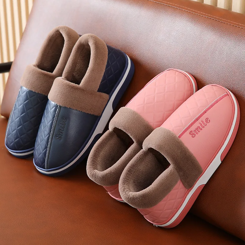 

Women Waterproof Leather Faux Fur Home Slippers Unisex Mens Indoor Shoes Winter Indoor Warm Plush Couples Spicing Color Slides