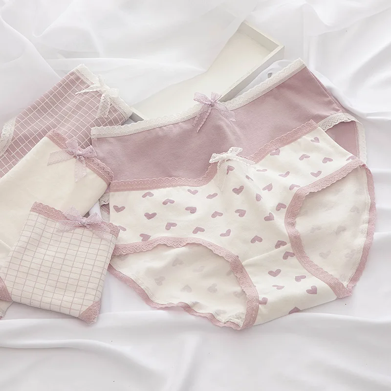 

Women's Cotton Underpants Heart Print Lingerie Period Panties Plaid Briefs for Female M-XXL