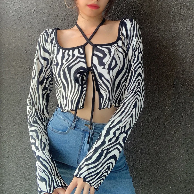 Women’s Casual Long-sleeved Cardigan Fashion Zebra Pattern Square Collar Lace up Exposed Navel T-shirt Women's T-shirts | Женская