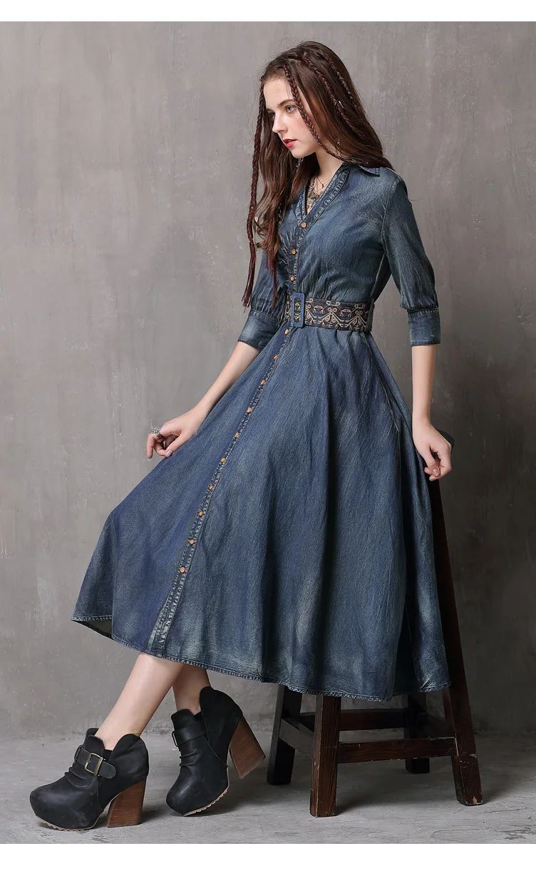 

Retro Women's Irregular Belt Embroidered Denim Skirt Long Skirts 2021 Spring Summer New Sleeve Dress For Lady Dresses Clothing