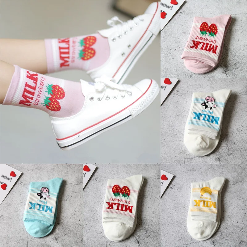 

Korea Milk Printing White Women's Sock Letter Funny stockings Fruit Strawberry Cute Casual Woman Short Socks Hot Sale Girls
