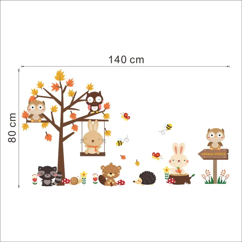 Лес Сова бабочка качели кролик белка наклейки на стену животное Дерево для
