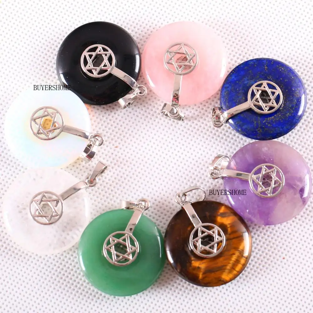 Silver Color Women Necklace Pendant Natural Gem Stone 30MM Round Bead White Opal Heptagram Star 1Pcs K758 | Украшения и