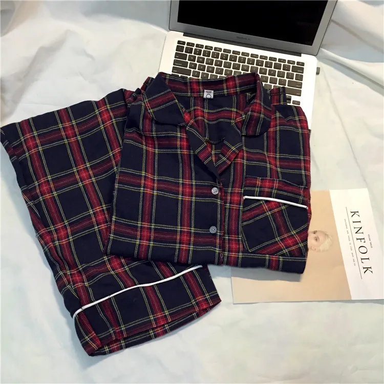 Dark blue Пижамы для мужчин и женщин, милые, свежие, с отворотом, пижамы для пар, весенний и осенний костюм, с длинным рукавом, брюки, в клетку, для дома - Цвет: Dark blue