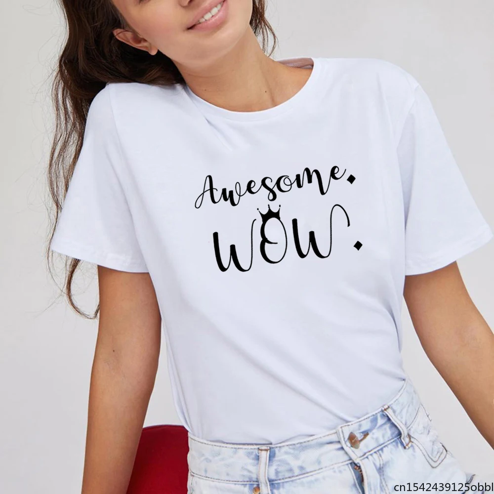 

Awesome WOW Funny Harajuku T-shirt Women Shrot Sleeve Round Neck Loose Black & White