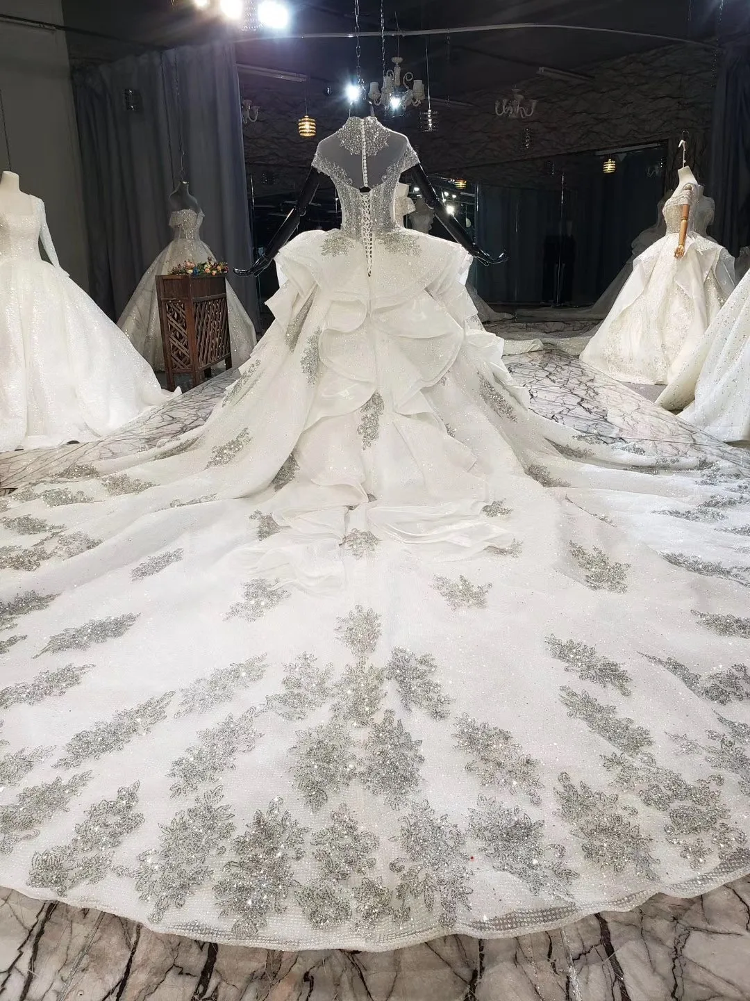 Arabic Silver Grey High Neck Ball Gown Evening Prom Dresse With Long Veils Dubai Formal Prom Dresses Ball Gown Long Party Gowns