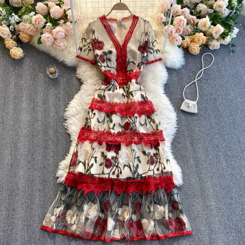 

Women New Fashion Lace Embroidered Hook-up High-waist Dress V Neck Short-sleeved Slimming Thin Elegant Party Vestidos
