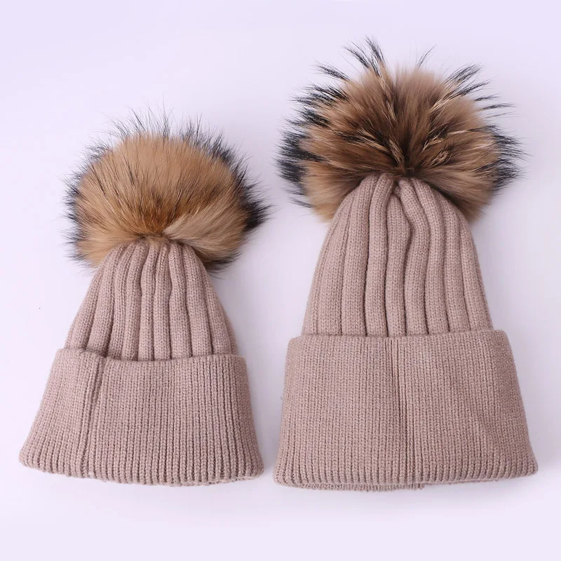 Winter Children Fleece Lined Beanie Hat With Real Fur Pompon Knitted Warm Thick Caps For Solid Color Outdoor Kids Bonnets | Аксессуары