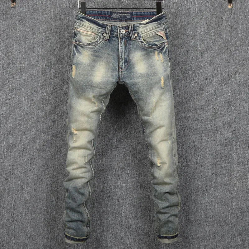 

European Vintage Fashion Men Jeans High Quality Retro Distressed Ripped Jeans Men Slim Fit Designer Casual Cotton Denim Pants