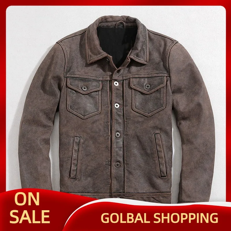 

Мужская короткая осенняя куртка, коричневая Повседневная стильная куртка из натуральной воловьей кожи с двумя карманами, модель размера пл...