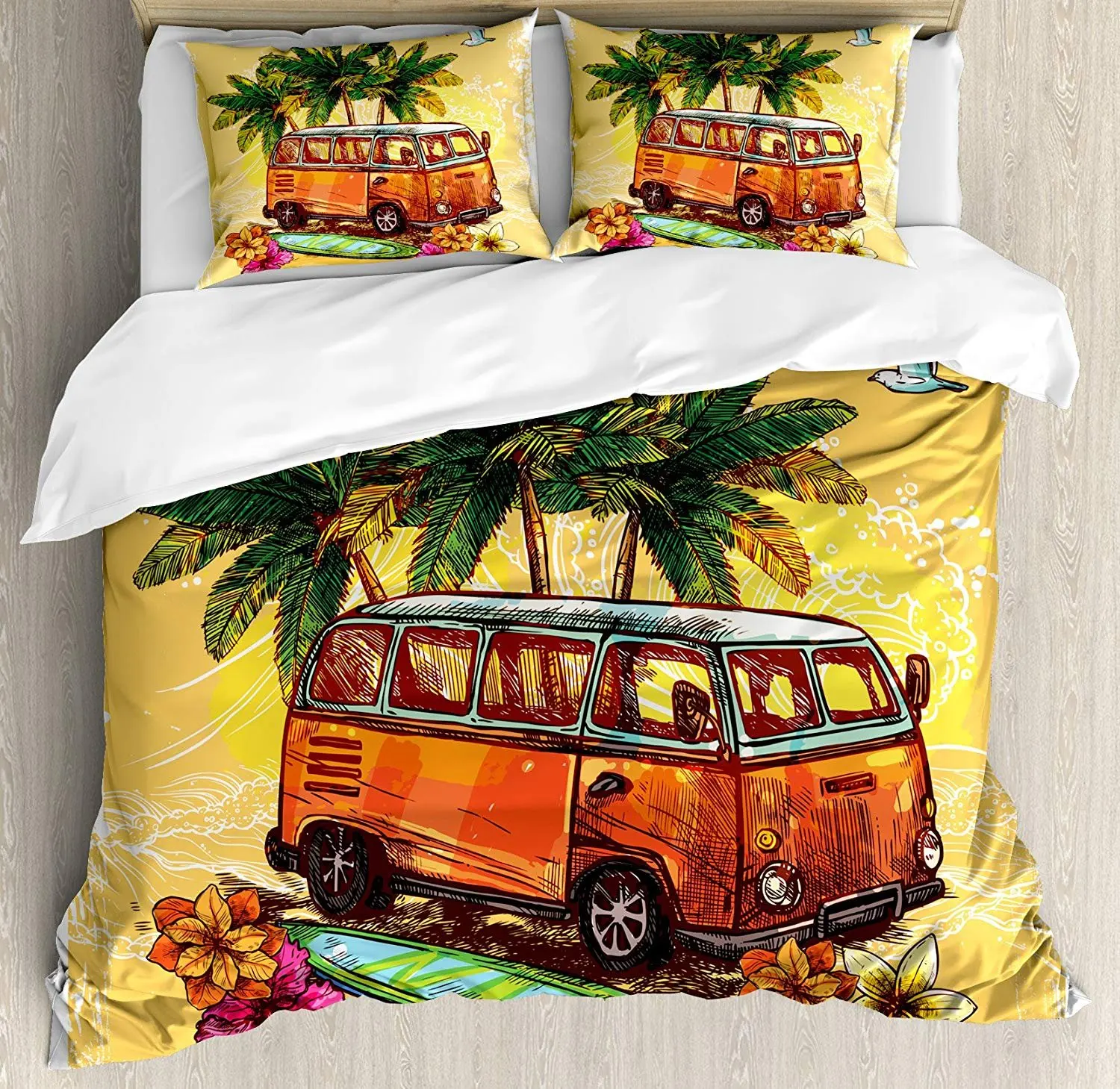 

Surf Bedding Set Hippie Classic Old Bus with Surfboard Freedom Holiday Exotic Life Sketchy Art Duvet Cover Pillowcase For Home