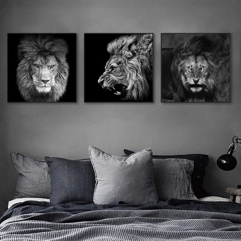 

Black and White Lions Animals Art Canvas Poster Wild Landscape Painting Wall Art Pictures Graphic Gift Living Room Bedroom Decor