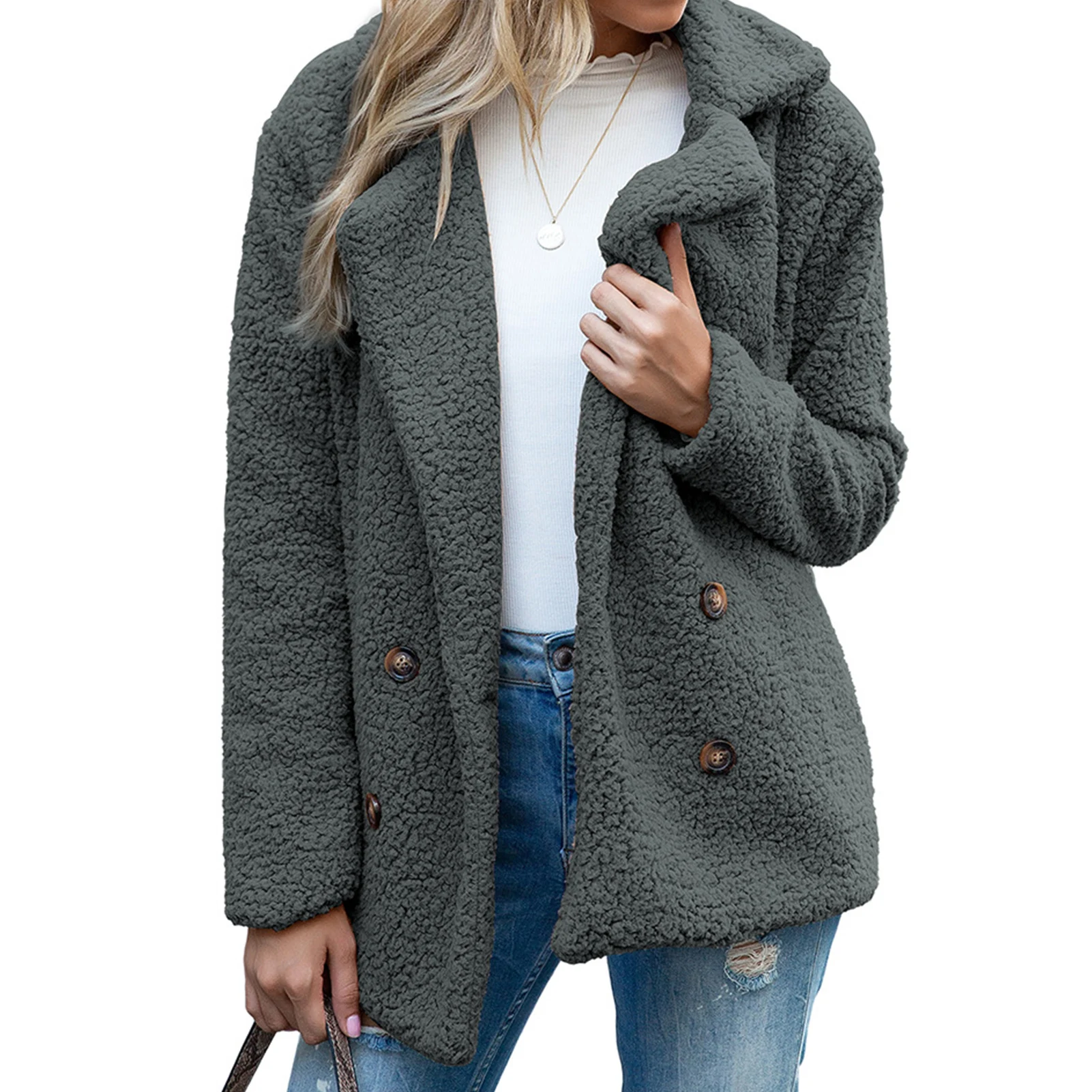 

Autumn Winter Women Faux Fleece Long Sleeve Lapel Jacket Buttons Warm Loose Coat Warm Outerwear Jacket Lady Plush Outwear