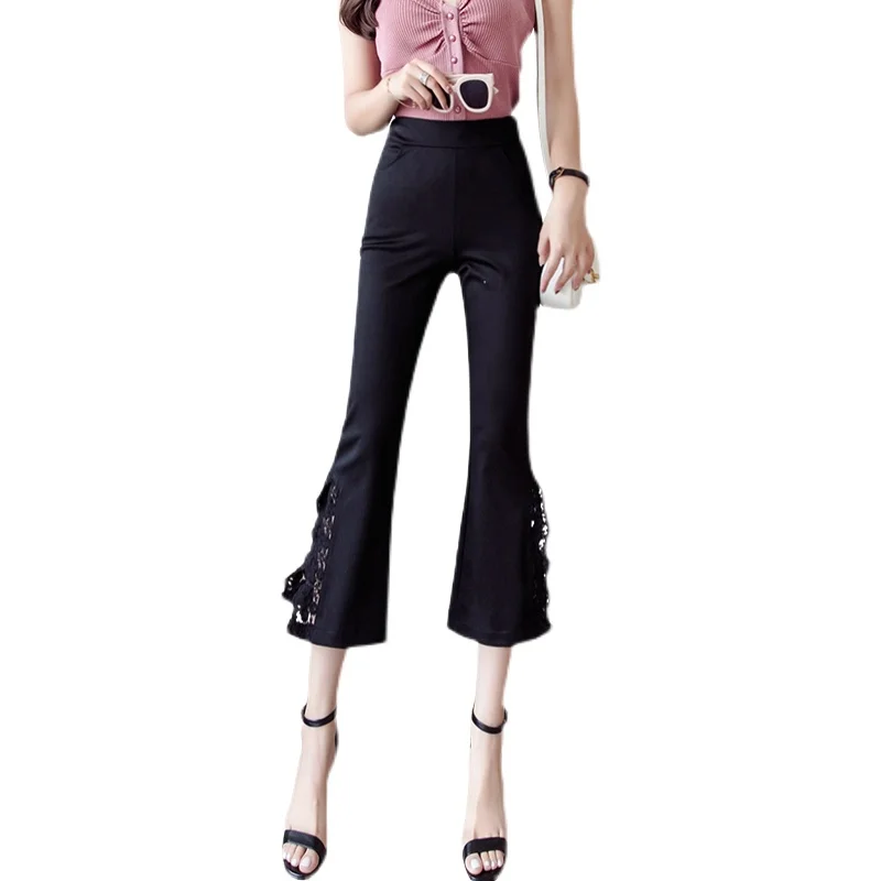

Bootleg Pants Women's 2021 New Summer Thin Black Cropped Pants Lace Small Cropped Split Casual
