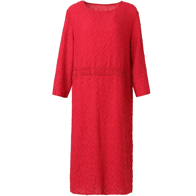 

High End Embroidery Middle-aged Red Dress Autumn Dress 2020 New Women's Loose Big Size Fat Cover Pleated Dress
