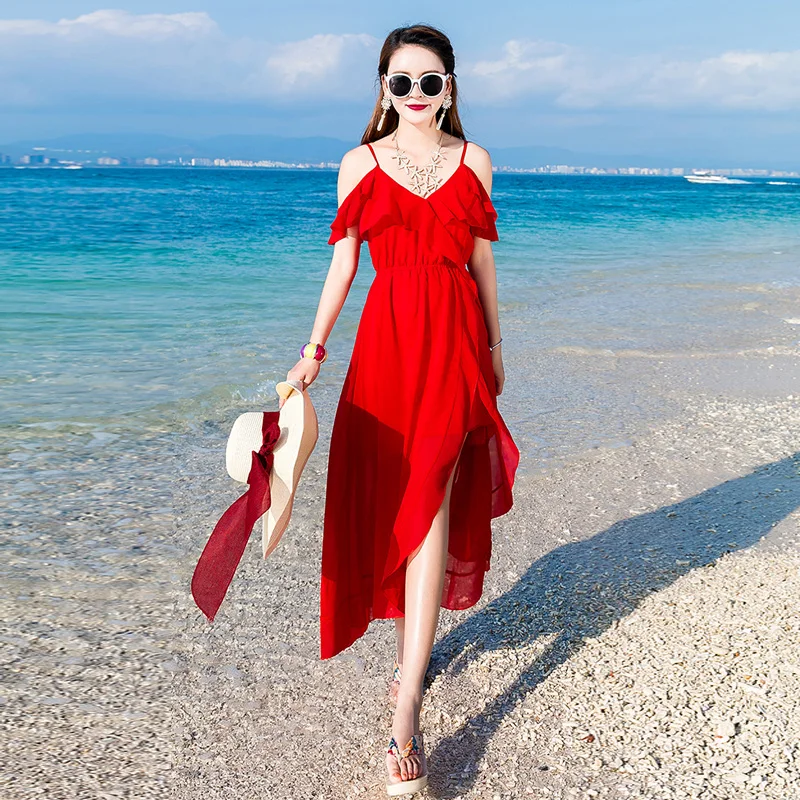 Женское летнее платье TingYiLi с длинной юбкой до пляжа, V-образным вырезом, открытыми плечами, оборками, элегантное платье для отдыха с разрезом, макси из шифона в стиле бохо.
