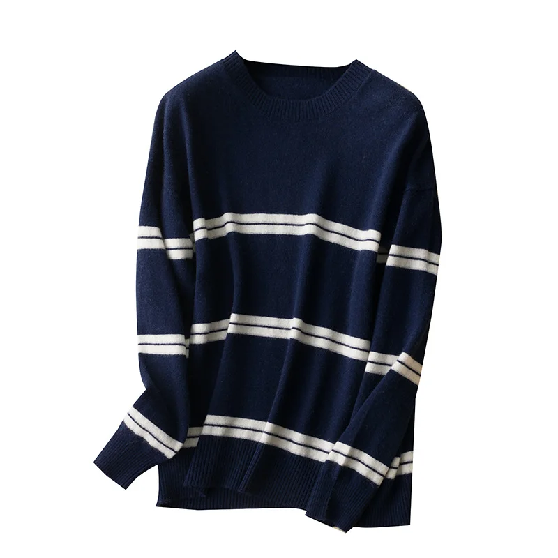 Женский свитер высокого качества 100% кашемировый вязаный теплый полосатый с