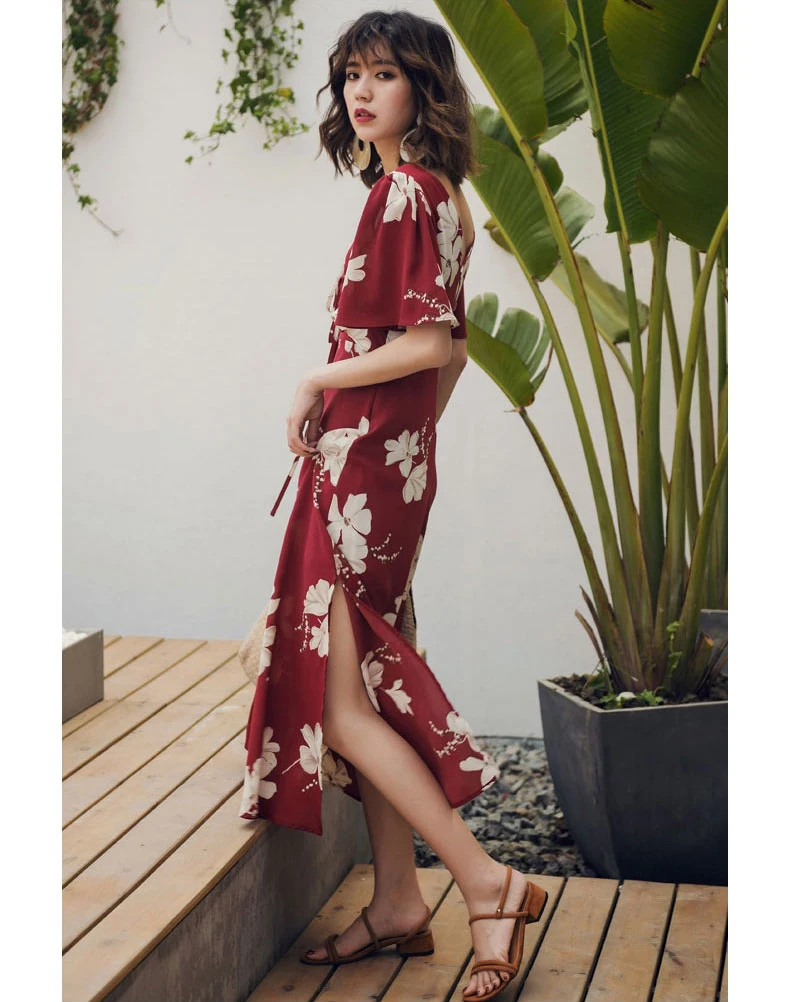 Женское пляжное платье красное с коротким рукавом и цветочным принтом|Женские