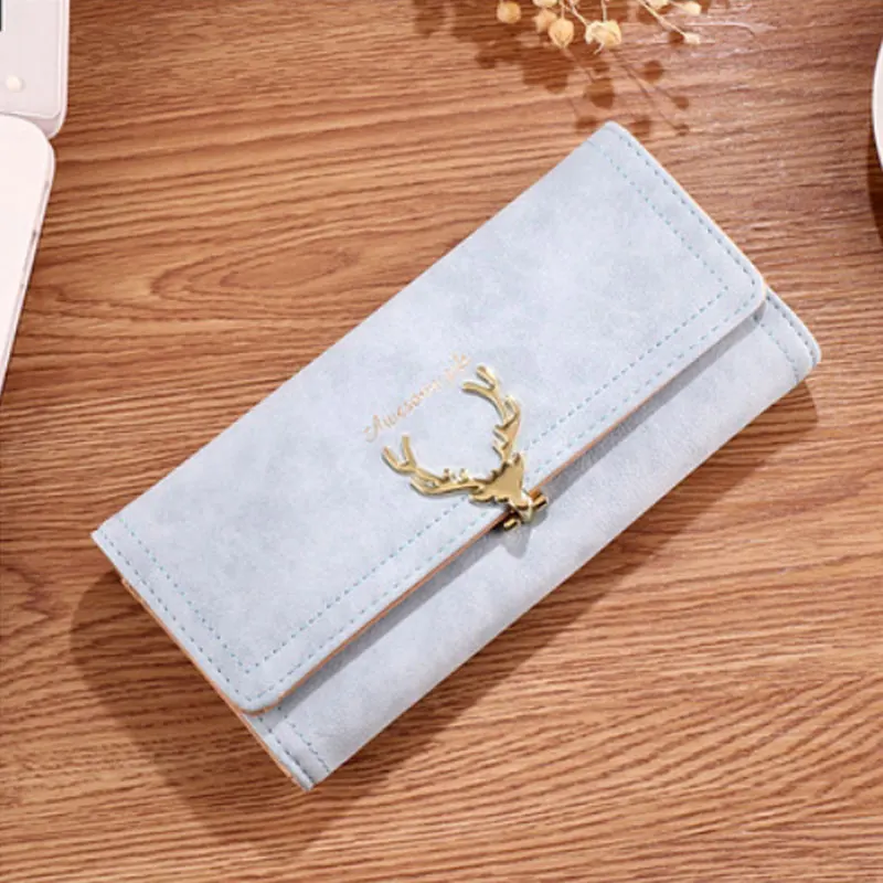 Light Blue Long Новинка, женский кожаный бумажник с рождественским оленем, винтажный Роскошный кошелек для денег, маленький черный клатч, держатель для монет - Цвет: Light Blue Long
