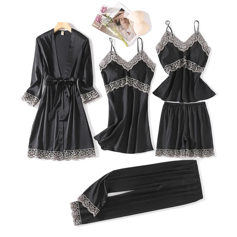 

Spring Autumn Pajamas Women Satin Sleepwear Sexy Hollow Out Lace Five Piece Set Nightwear Loose Casual Home Clothes Pijamas Suit