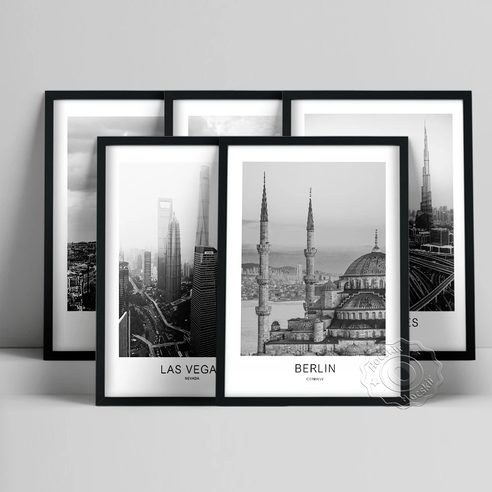 

World Travel Poster, Paris New York Los Angeles Las Vegas Berlin Prints, Black White City Scenery Wall Picture, Modern Wall Art