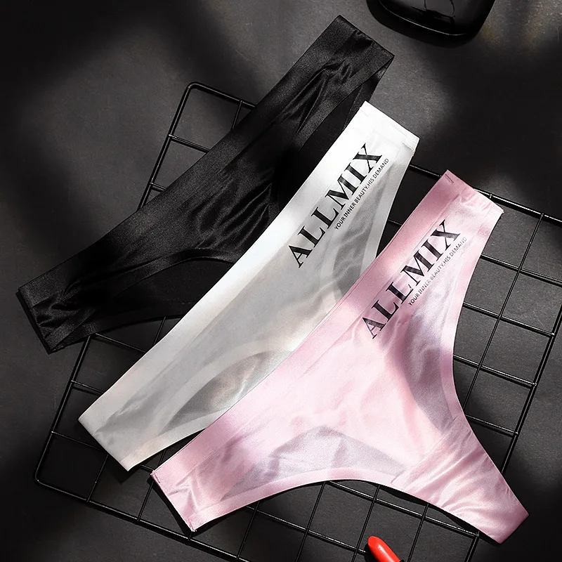 

Women's Underwear Sexy Letters 3 Colors Transparent Ice Silk Low Waist Sports Fitness One Piece Seamless Ladies T-back