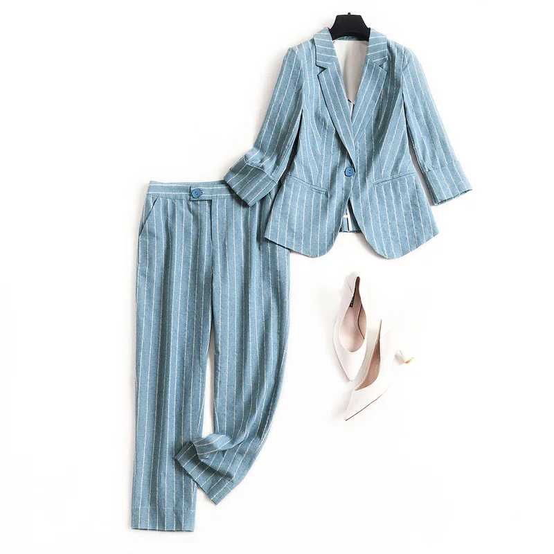 

Cotton hemp suit pants women's striped coat pencil pants two piece 2 piece set women