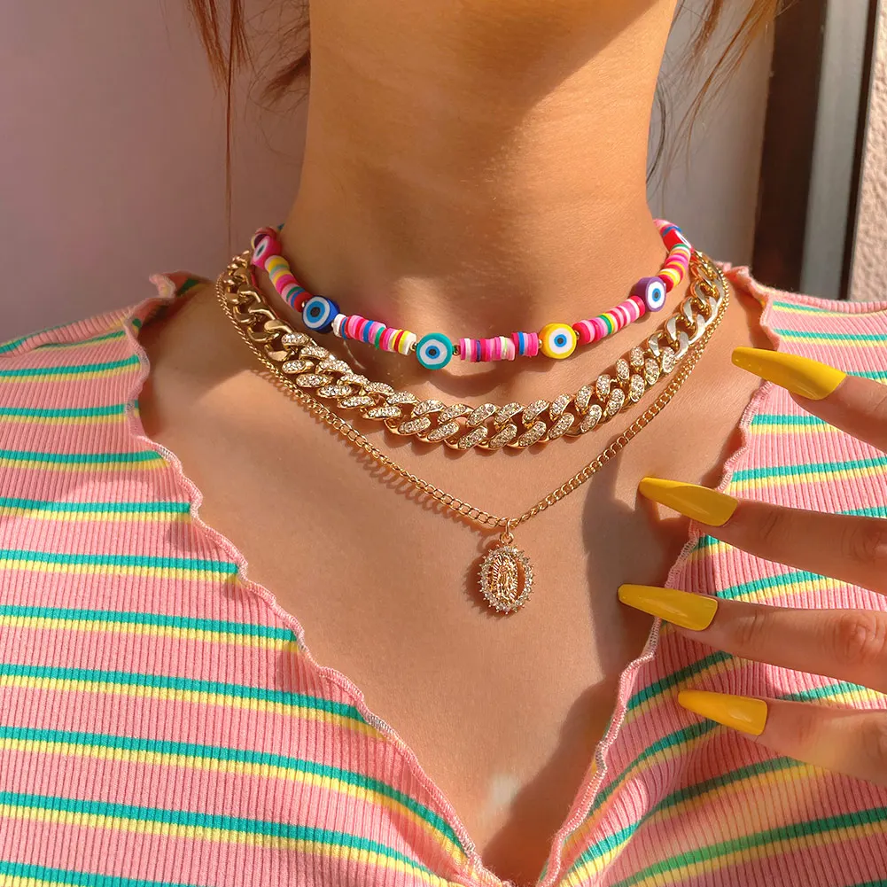 Женское многослойное колье Flatfoosie Глиняное ожерелье с золотистыми кристаллами и