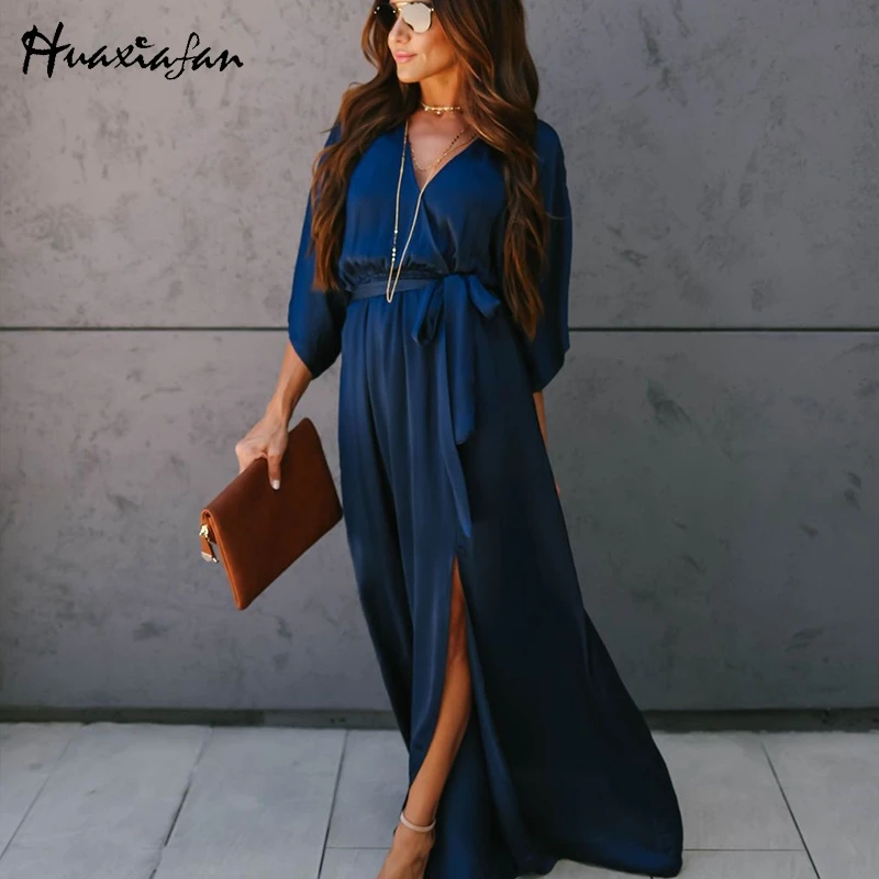 Huaxiafan maxi dresses women solid long dress elagant party belt split autumn sexy v neck female vintage vestidos 2019 | Женская одежда